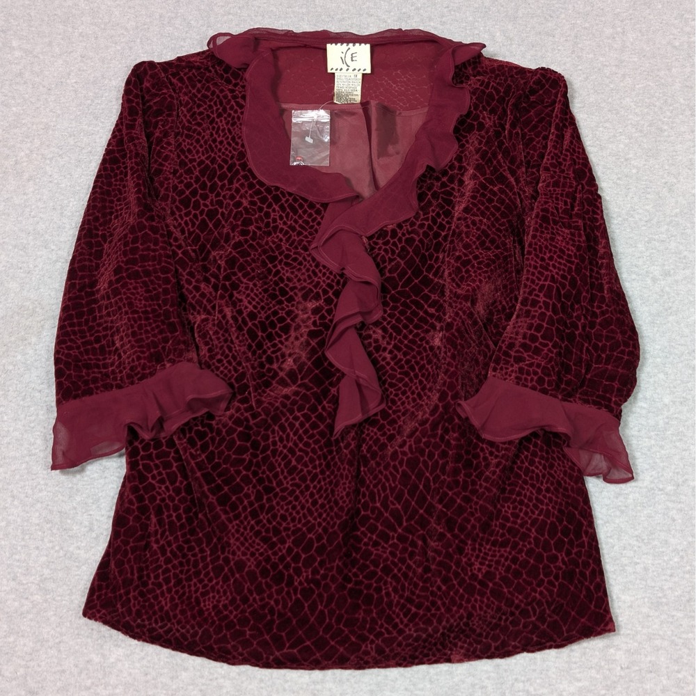 Womens 3/4 Sleeve Velvet Burnout Top Womens Plus 1X Ruffle Trim Witchy iCE New